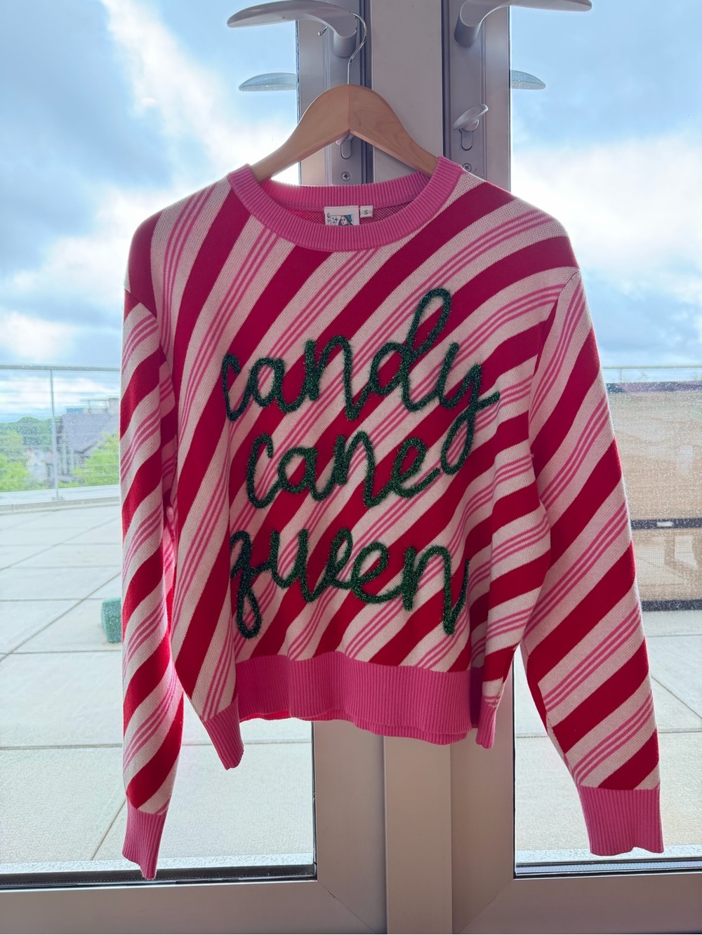 QUEEN OF SPARKLES Pink and White Striped 'Candy Caned' Crewneck Sweater